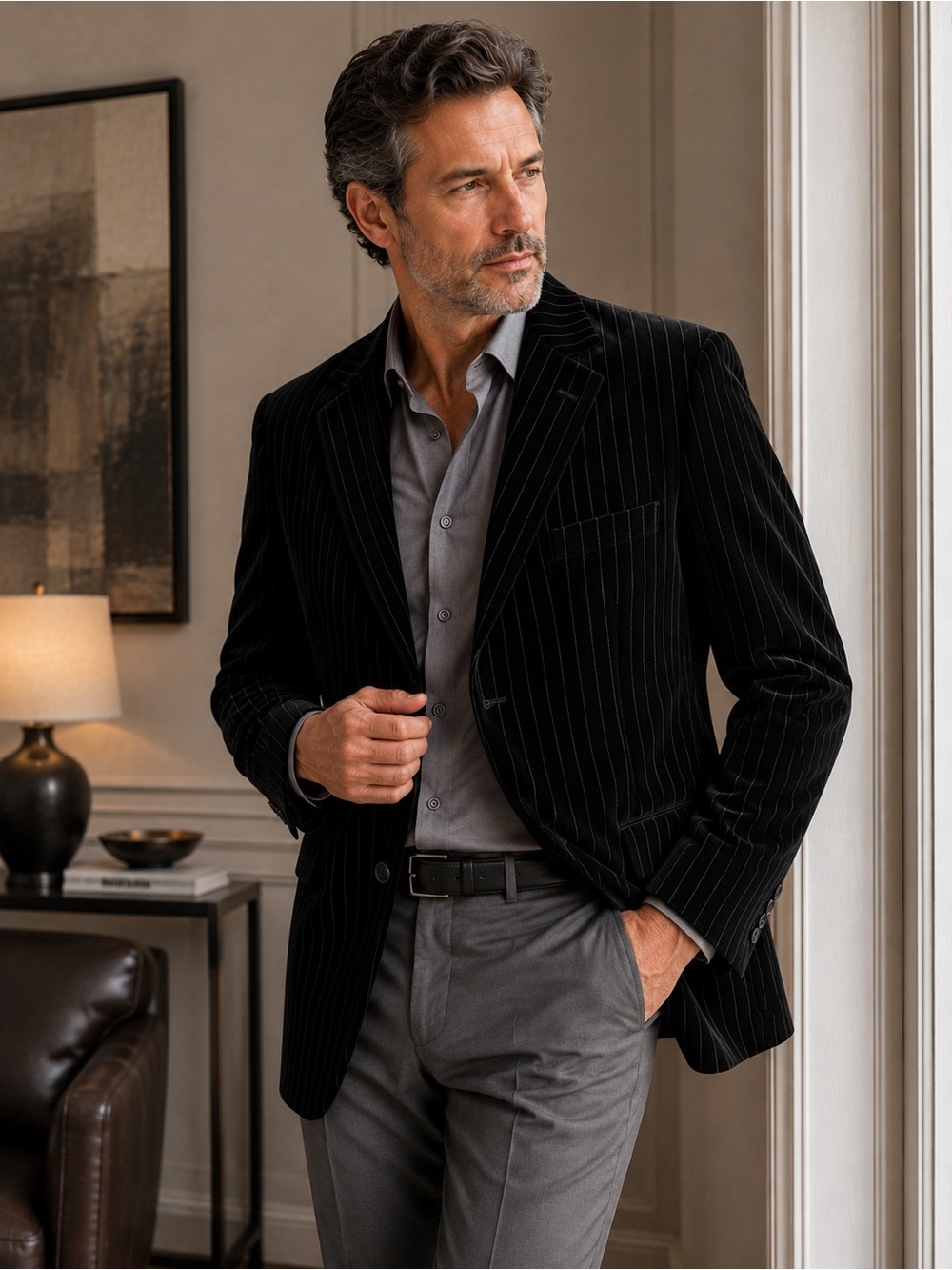 Andrew Fezza Black Pinstripe Velvet Sport Coat 46R